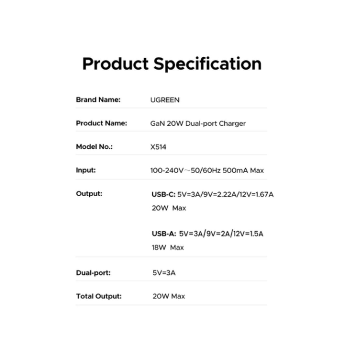 Зарядка GaN 20W USB Type-C+USB Ugreen X514 Black — фото 2