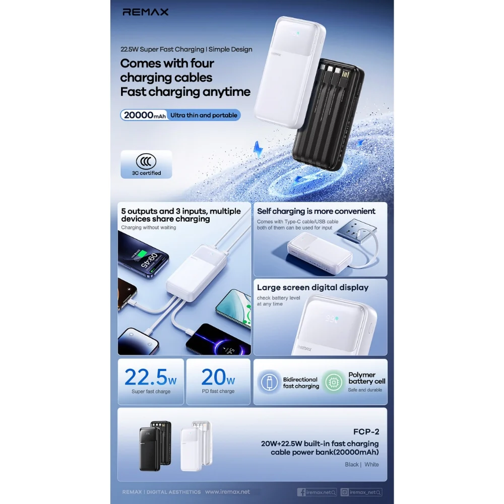 Зовнішній акумулятор Remax 20W+22.5W with 3 Fast Charging Cable Power — фото 4