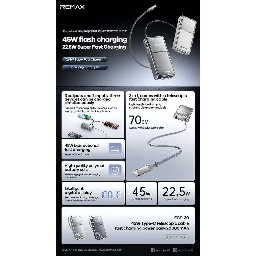 Зовнішній акумулятор Remax 45W fast chaging Type-C telescopic cable — фото 4