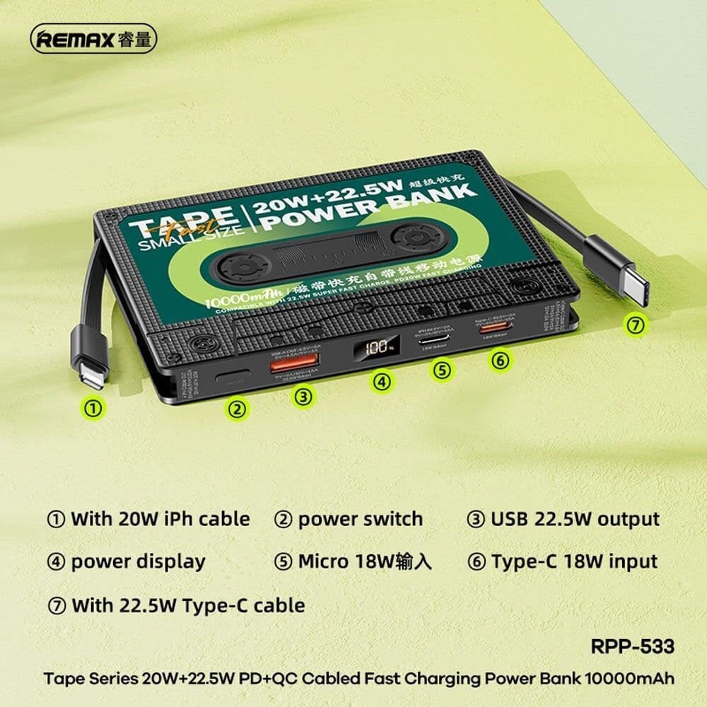 Зовнішній акумулятор Remax Tape Series PD20W+QC22.5W Cabled Fast — фото 4